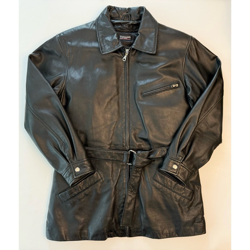 Wilsons Black Leather Jacket Medium Tie Waist Full Zip Front Thinsulate Liner